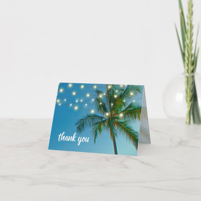 Beach Palms String Lights Wedding Thank You Card (Front)