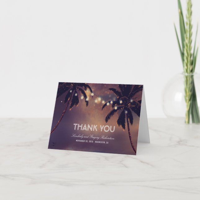 Beach Palms String Lights Wedding Thank You Card (Front)