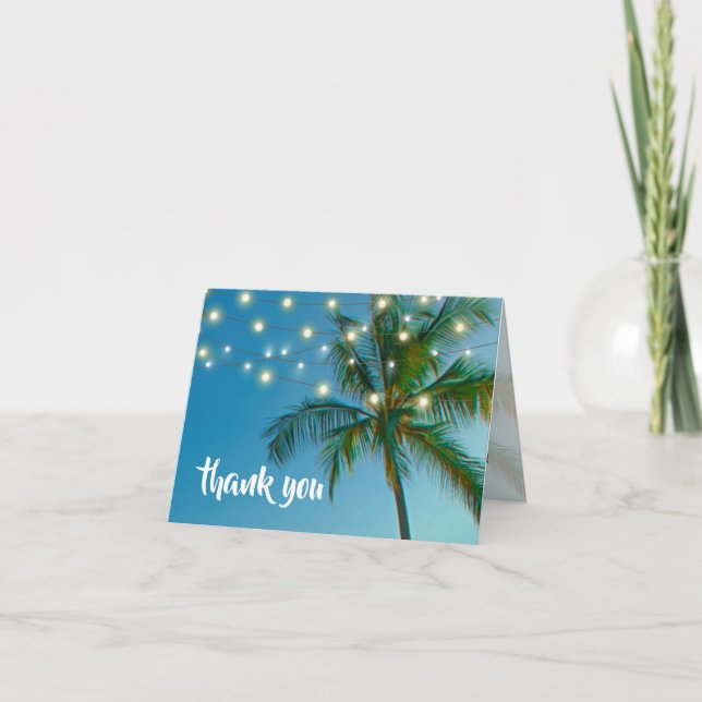 Beach Palms String Lights Wedding Thank You Card (Front)