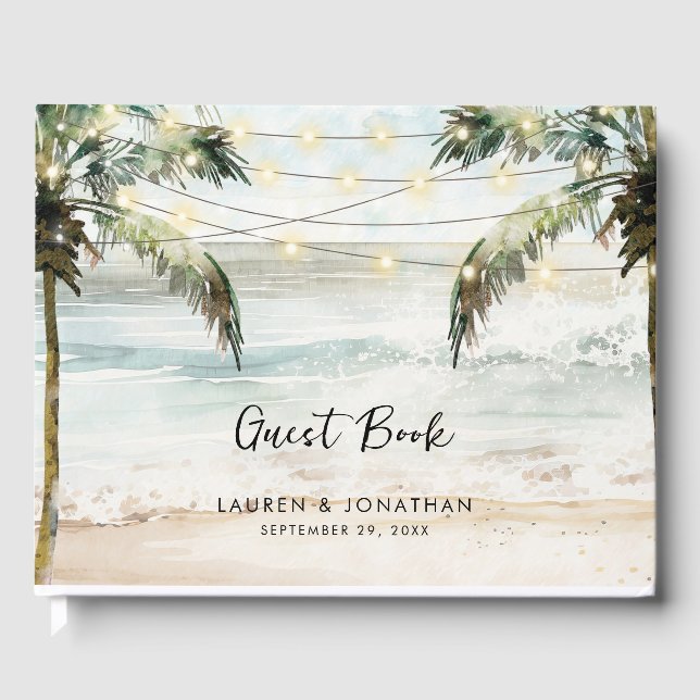 Beach palms tropical summer wedding guest book (Front)