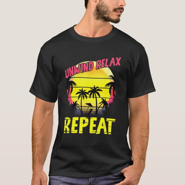 Beach Paradise Unwind Relax Repeat Sunset Hawaiian T-Shirt (Front)