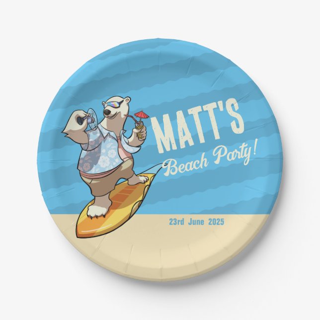 Beach Party Add Your Name Cool Surfing Polar Bear Paper Plate (Front)