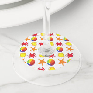Beach Party Beachball Sun Crab Starfish Seashore Wine Glass Tag