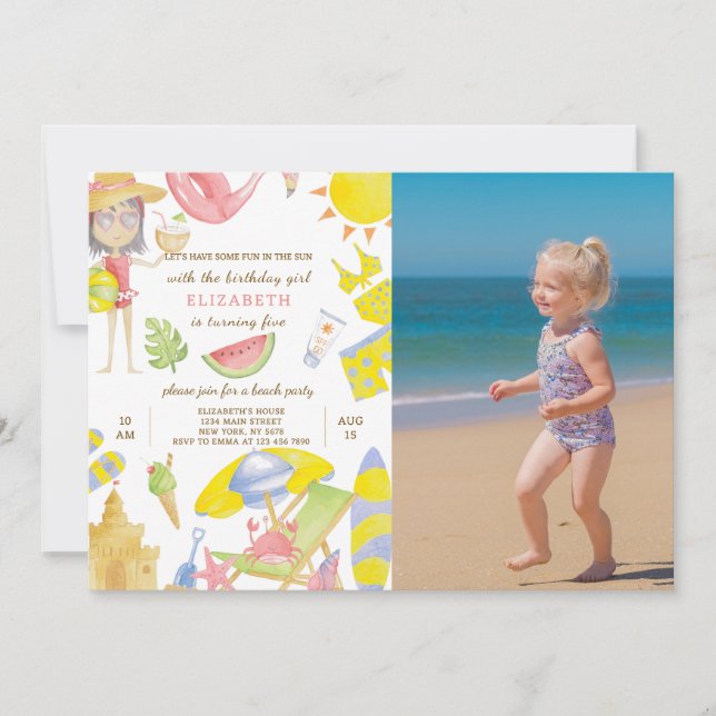 Beach Party Birthday Invitation With Photo (Front)