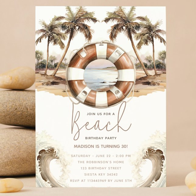 Beach Party Birthday Pastel Sand ring buoy Invitation (Creator Uploaded)
