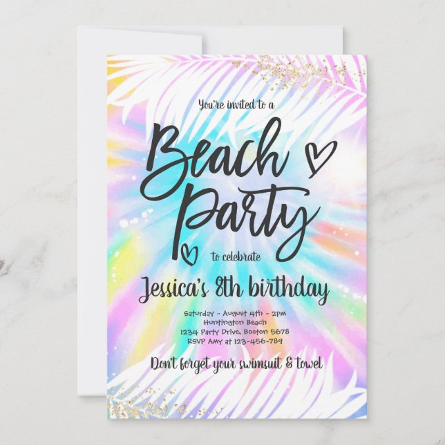 Beach Party Birthday Pink Tie Dye Girl Beach Party Invitation (Front)