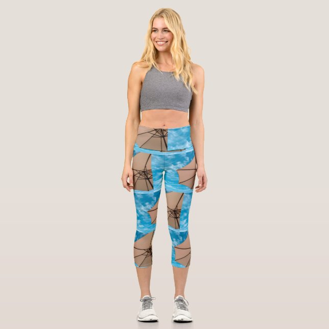 Beach party blues sun ocean umbrella pop colour capri leggings (Front)