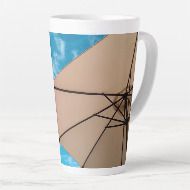 Beach party blues sun ocean umbrella pop colour latte mug (Right Angle)