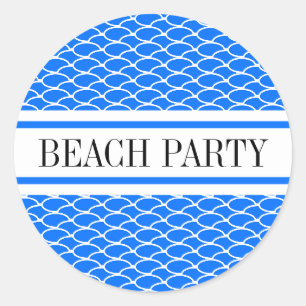 BEACH PARTY Bright Blue White Waves Racing Stripes Classic Round Sticker