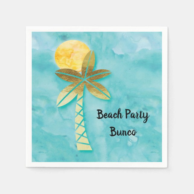 Beach Party Bunco Blue Watercolor Gold Palm Tree Napkin (Front)
