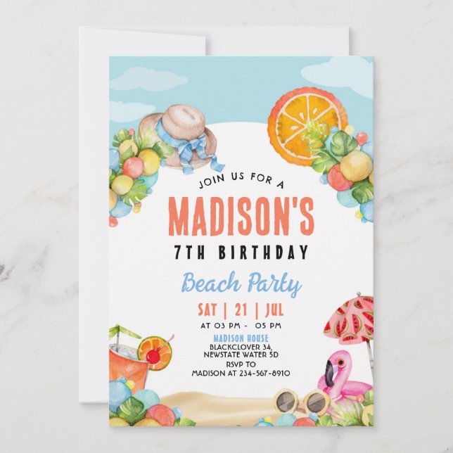 Beach Party Editable Birthday Invitation (Front)