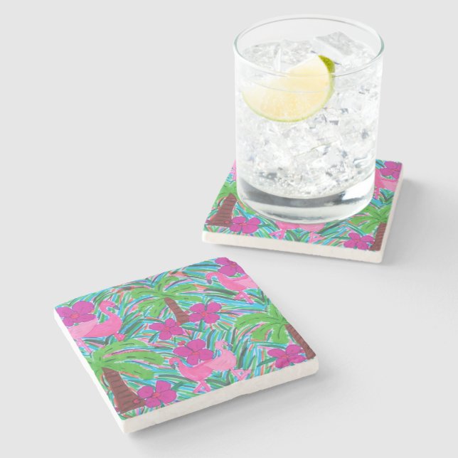 Beach Party Flamingos and Palm Trees  Stone Coaster (Side)