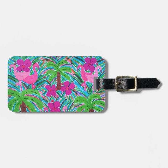 Beach Party Flamingos and Palms Luggage Tag (Front Horizontal)
