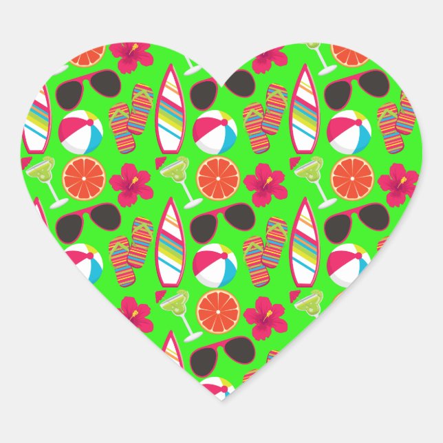 Beach Party Flip Flops Sunglasses Beach Ball Green Heart Sticker (Front)