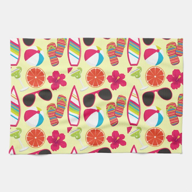 Beach Party Flip Flops Sunglasses BeachBall Yellow Tea Towel (Horizontal)