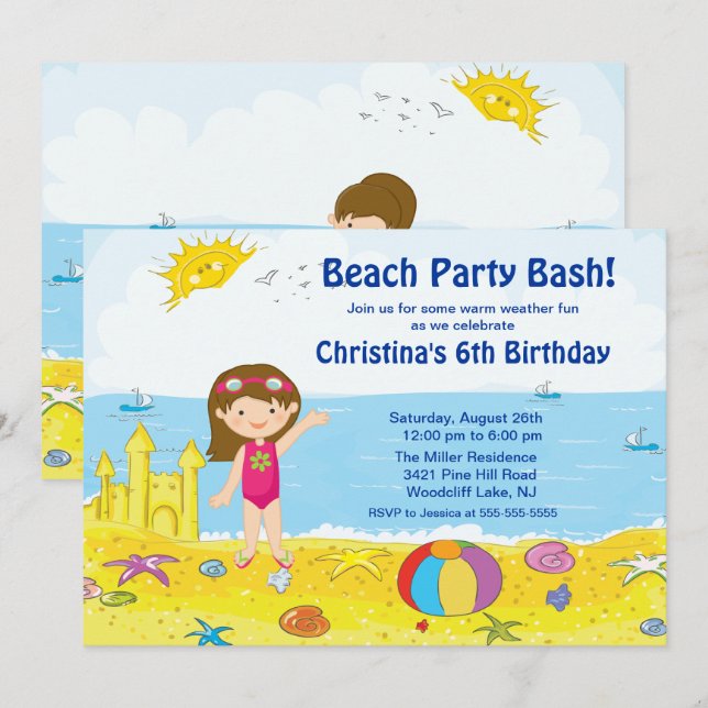 Beach Party Girl Swimming Birthday Invitation (Front/Back)