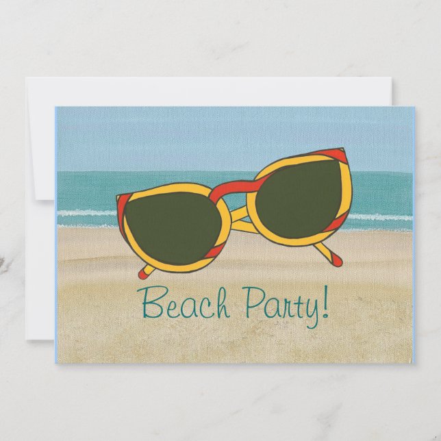 Beach Party Invitations, sand ocean & sunglasses Invitation (Front)