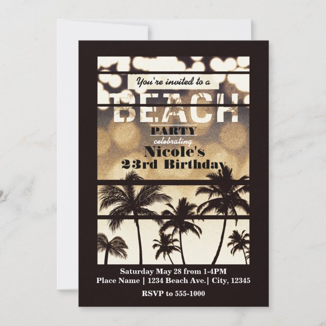 Beach Party Palm Trees Tropical Golden Night Glam Invitation (Front)