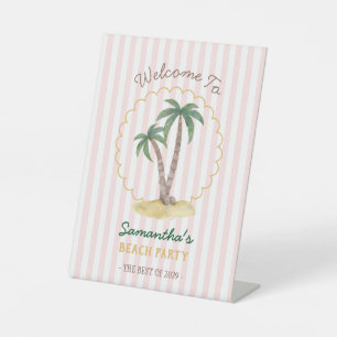 Beach Party Pink Stripes Tropical Palms Pedestal Sign