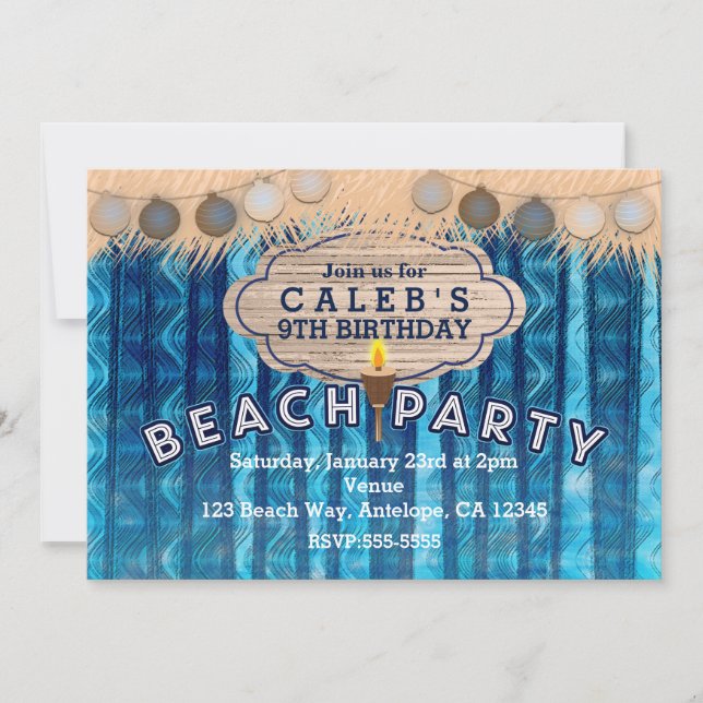 BEACH PARTY Retro Blue Waves Birthday Invitations (Front)