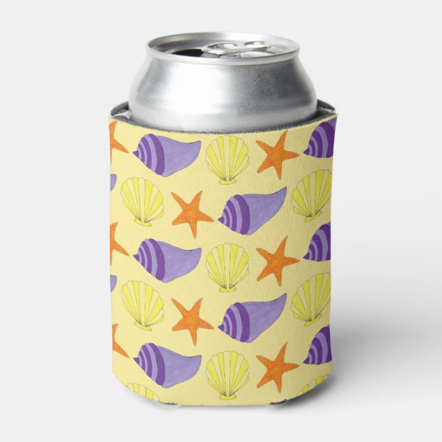 Beach Party Sea Shells Seashells Yellow Purple Can Cooler (Can Front)