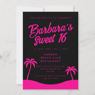 Beach Party Stylish Black Pink Summer Sweet 16 Invitation