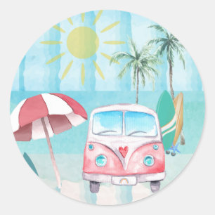 Beach Party Summer Fun Ocean and Palm Trees  Classic Round Sticker