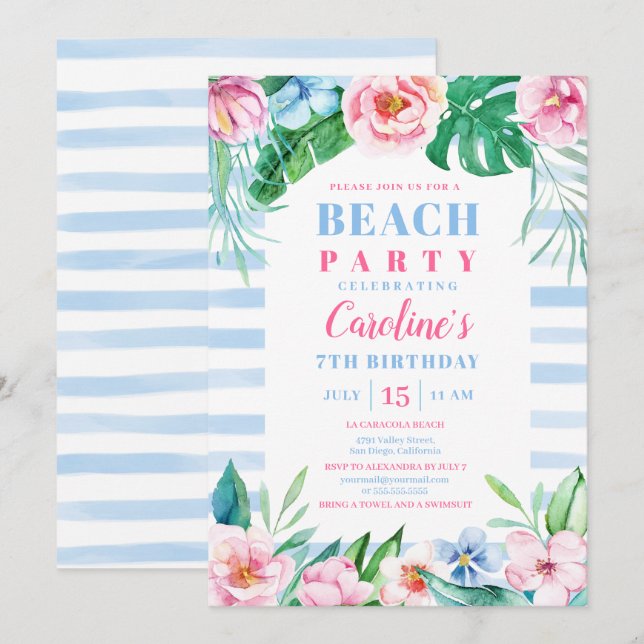 Beach Party Tropical Floral Blue Stripes Birthday Invitation (Front/Back)