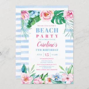 Beach Party Tropical Floral Blue Stripes Birthday Invitation