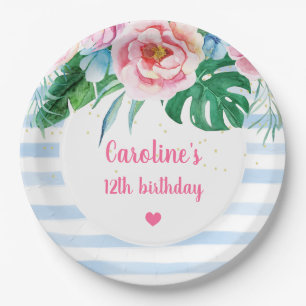 Beach Party Tropical Floral Blue Stripes Birthday Paper Plate