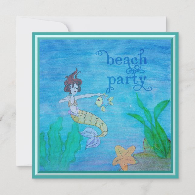 Beach Party Tropical Mermaid Personalised Invitation (Front)