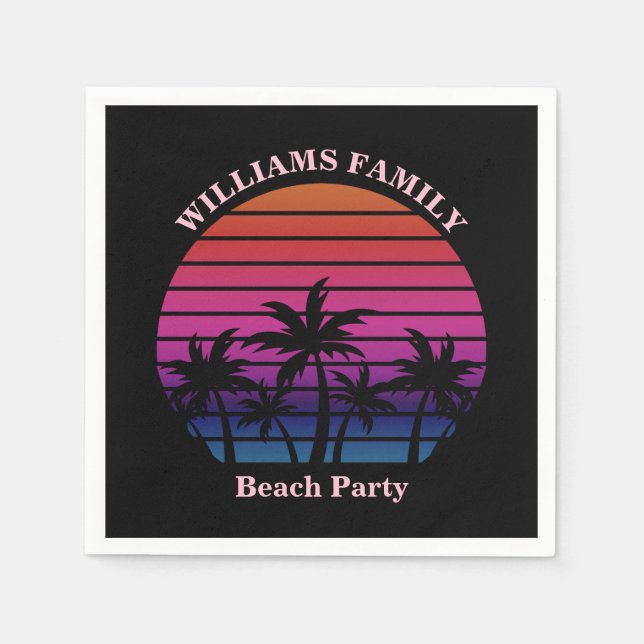 Beach Party Tropical Sunset Palm Trees Black Napkin (Front)