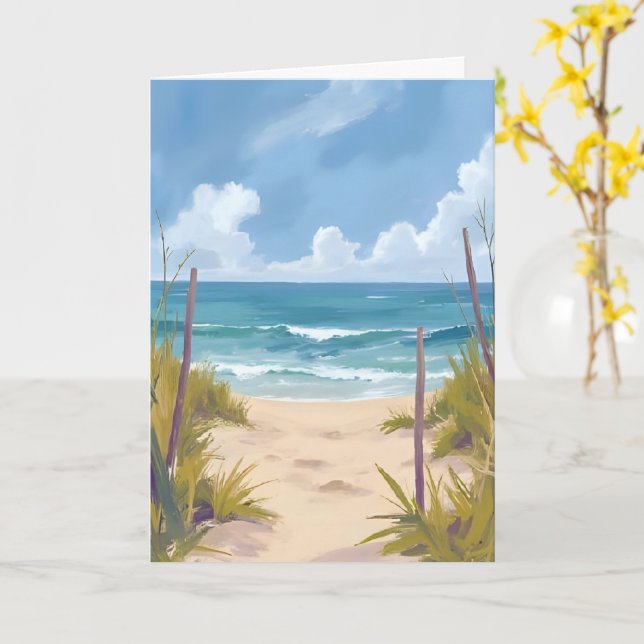 Beach Path | Ocean Watercolor Coastal Painted Card (Yellow Flower)