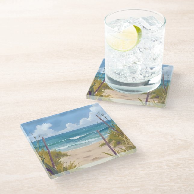 Beach Path | Ocean Watercolor Coastal Painted Glass Coaster (Angled)