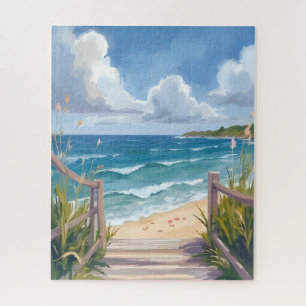 Beach Path Watercolor Coastal Dunes Ocean Painting Jigsaw Puzzle
