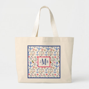 Beach Pattern Summer Monogram Large Tote Bag