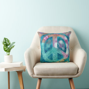 Beach Peace Sign HIppie Boho Teal Pink Sand Cushion