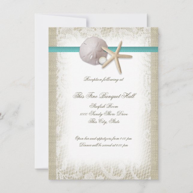 Beach Pearl and Lace Aqua Reception Invitation (Front)