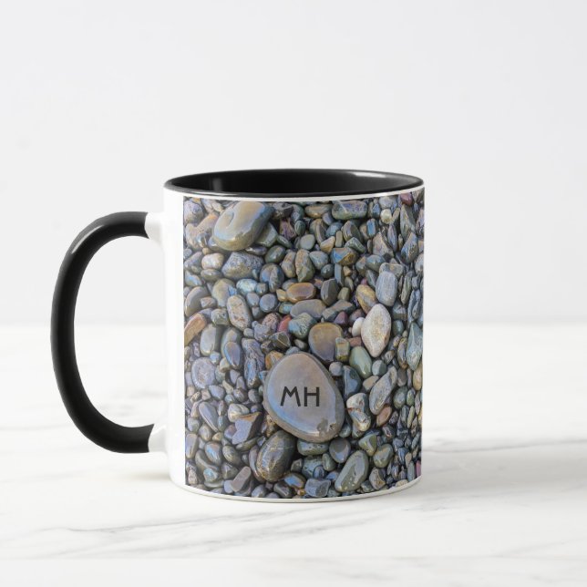 Beach Pebbles custom monogram mugs (Left)