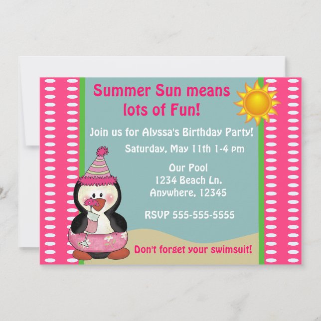 Beach Penguin Pink Girls Birthday Invitation (Front)