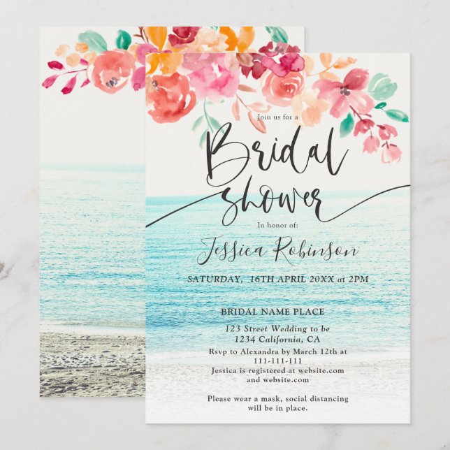 Beach photo floral watercolor fall bridal shower invitation (Front/Back)
