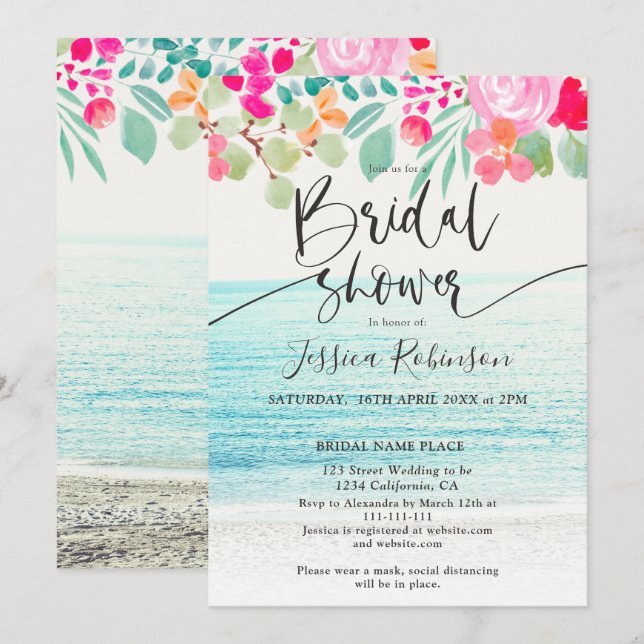 Beach photo pink floral watercolor bridal shower invitation (Front/Back)