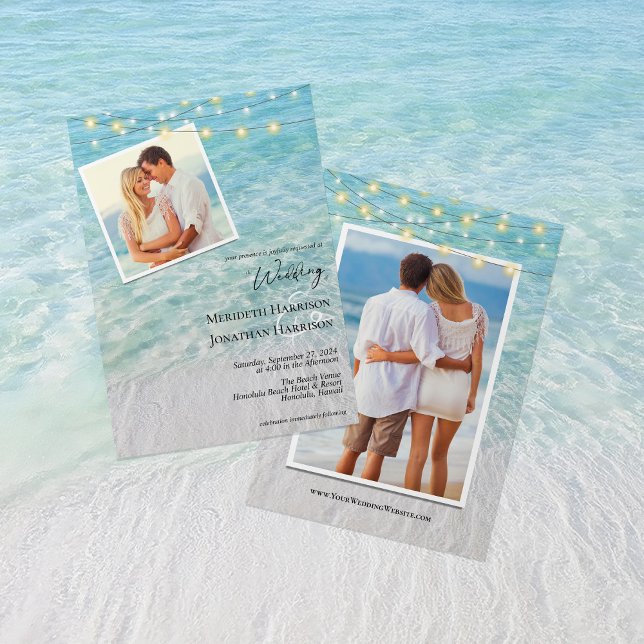  Beach Photo Seaside String Lights Website Invitation (Front and Back - features your wedding website)