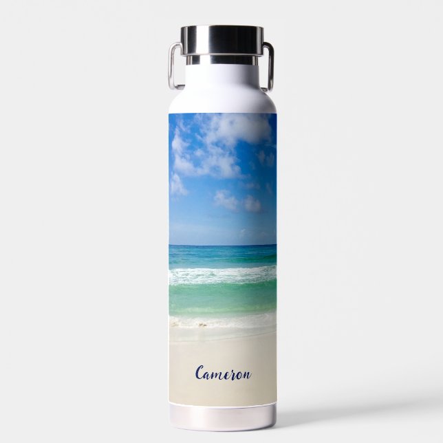 Beach Photography Blue Ocean Waves Personalised Water Bottle (Front)