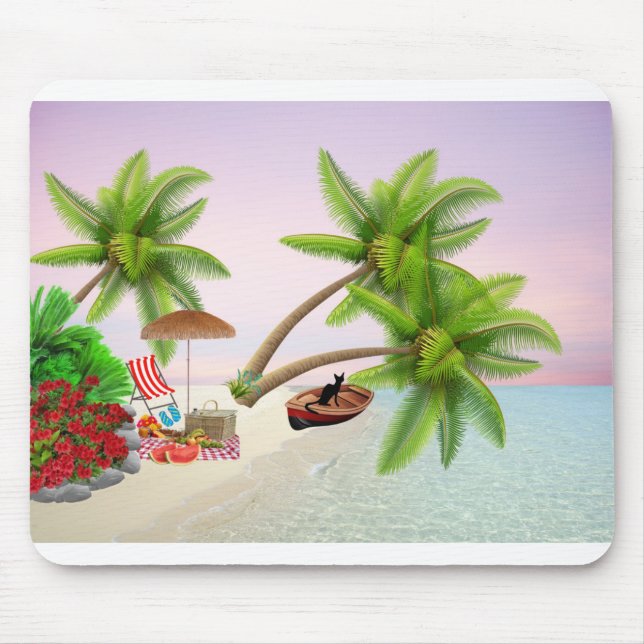Beach Picnic Boat Bush Palm Trees Beach Chair Mouse Mat (Front)