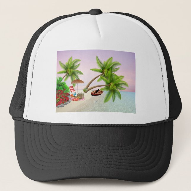 Beach Picnic Boat Bush Palm Trees Beach Chair Trucker Hat (Front)