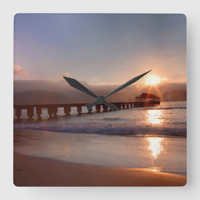 Beach pier at sunset, Hawaii Square Wall Clock (Front)
