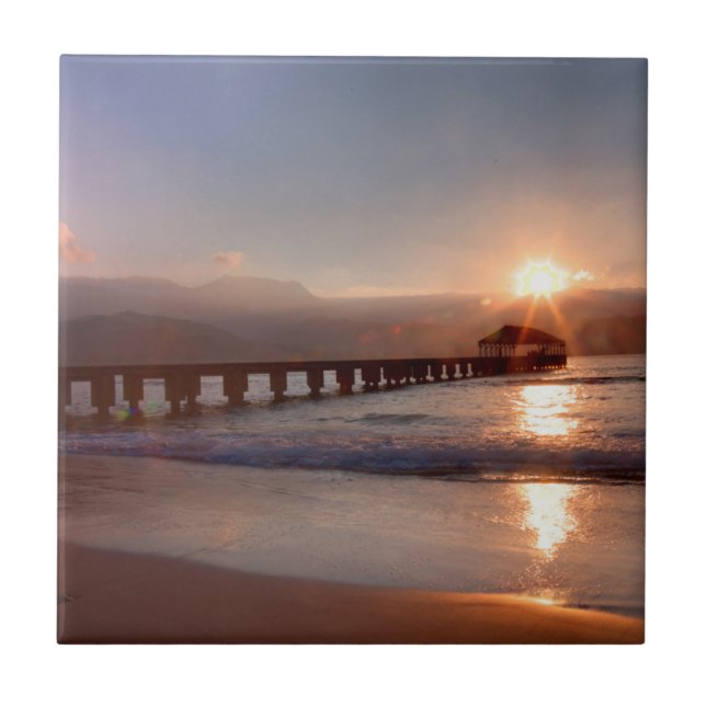Beach pier at sunset, Hawaii Tile (Front)