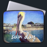 Beach Pier Pelican Bird Photo Sun Day Quote Script Laptop Sleeve<br><div class="desc">This happy pelican perched on a railing overlooking a California beach screams “vacation ready”. Drift back to the warm ocean breezes whenever you use this colourful photography neoprene laptop sleeve. This laptop sleeve comes in three sizes: 15", 13", and 10”. Makes a great gift for someone special! You can easily...</div>