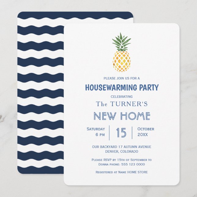 Beach Pineapple Blue Stripes Housewarming Party Invitation (Front/Back)